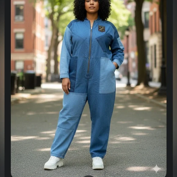 Houston White Streetcore  unisex Trendy denim blue Oversized Jumpsuit - Picture 2 of 12